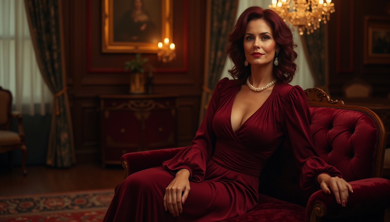 Prompt: Luxurious interior, mature lady, 30s, curly burgundy hair, elegant makeup, pearl necklace, burgundy wine-colored dress, long sleeves, fitted waist, flowing skirt, high heels, sitting on a velvet couch, Victorian-style mansion, richly decorated room, dark wood paneling, crystal chandelier, softbox lighting, warm atmosphere, cinematic composition, 3/4 view.