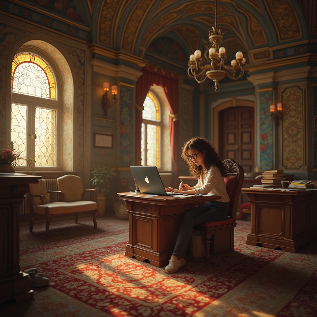 Prompt: Byzantine-style dorm, ornate frescoes, golden mosaics, richly patterned rugs, intricately carved wooden furniture, luxurious velvet drapes, majestic arches, vaulted ceilings, warm candlelight, atmospheric shadows, solo female student, 20yo, curly brown hair, bright hazel eyes, glasses, casual wear, sitting at desk, surrounded by books, laptop, coffee cup, scattered papers, studying, quiet atmosphere, warm colors, afternoon sunlight filtering through stained glass windows, beautiful detailed textures, realistic rendering, cinematic composition.