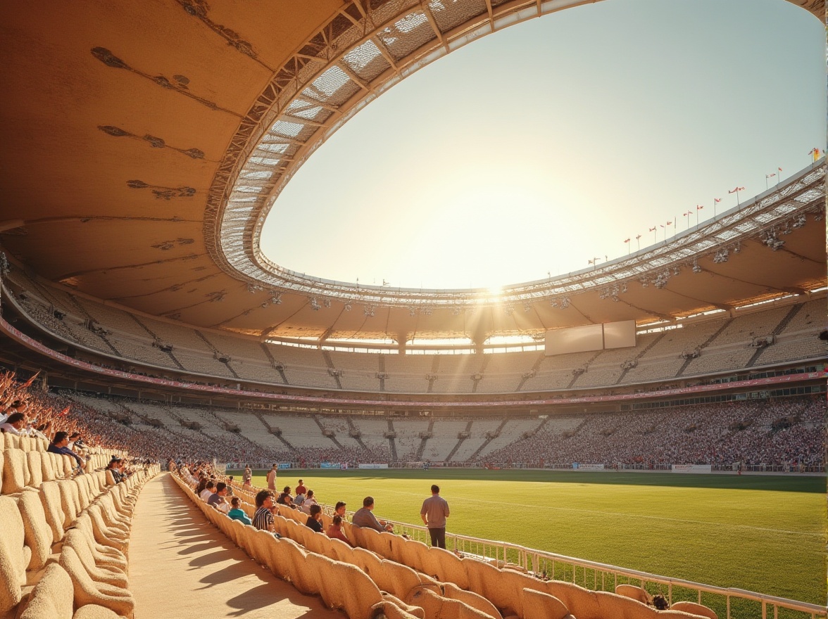 Prompt: Stadium architecture, grandstand seating area, sand-casted materials, natural beige color, rough texture, organic pattern, intricate details, modern design, sleek lines, minimalist aesthetic, afternoon sunlight, warm ambient lighting, low-angle shot, dramatic shadows, dynamic composition, sports event atmosphere, excited crowd in the background, flags waving, vibrant colors.