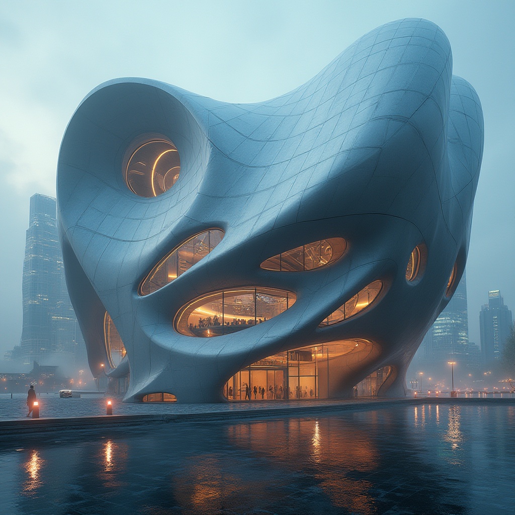 Prompt: Modern architecture, futuristic building, Plasticrete material, sleek curves, metallic luster, silver-gray color, reflective surface, intricate patterns, complex structure, urban cityscape, evening mist, city lights reflection, low-angle shot, cinematic composition, dramatic lighting, high contrast, 3/4 view.