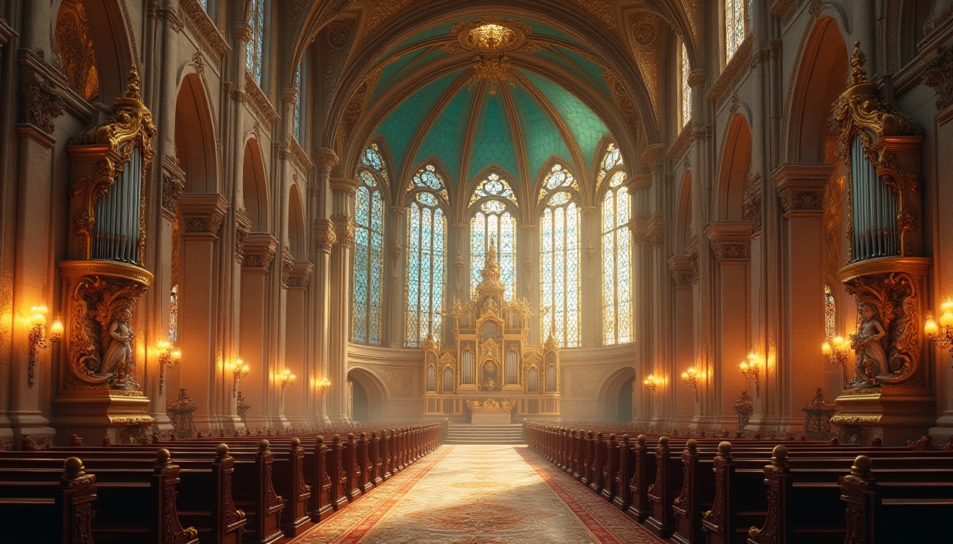 Prompt: Intricate stained glass windows, ornate golden altarpieces, grandiose vaulted ceilings, ornamental floral patterns, flowing curvilinear lines, majestic stone sculptures, vibrant turquoise domes, delicate ironwork details, intricate mosaic flooring, solemn candlelit atmosphere, soft warm lighting, dramatic architectural composition, 3/4 shot, symmetrical framing, warm beige stone walls, richly patterned carpets, opulent chandeliers, sacred religious symbols, ornate pulpits, majestic organ pipes, grand staircases with wrought iron railings, subtle foggy mist, peaceful morning light.