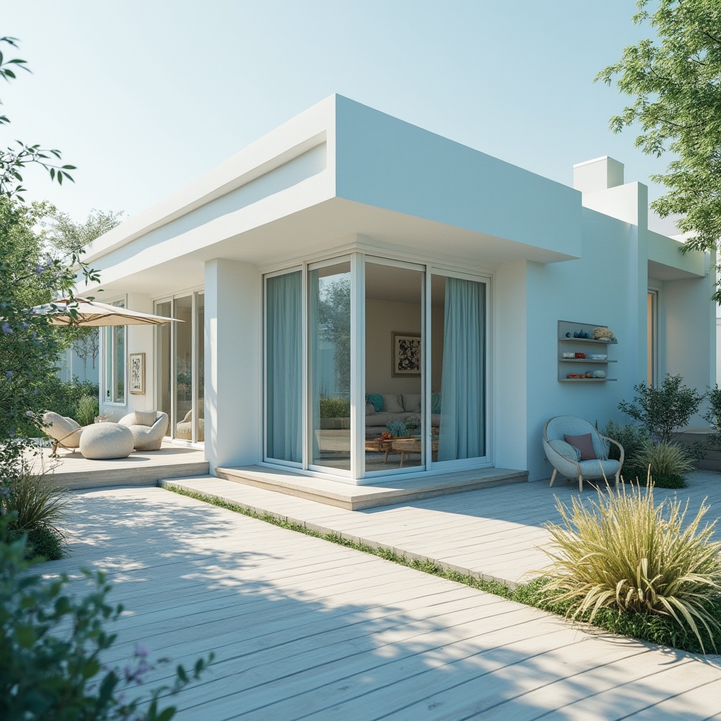 Prompt: Light blue modern house, large windows, sliding glass doors, white walls, light blue accents, wooden floors, minimalist decor, simple lines, clean shape, cozy atmosphere, warm lighting, daytime, soft focus, shallow depth of field, 3/4 composition, villa, residential area, greenery surroundings, blooming flowers.