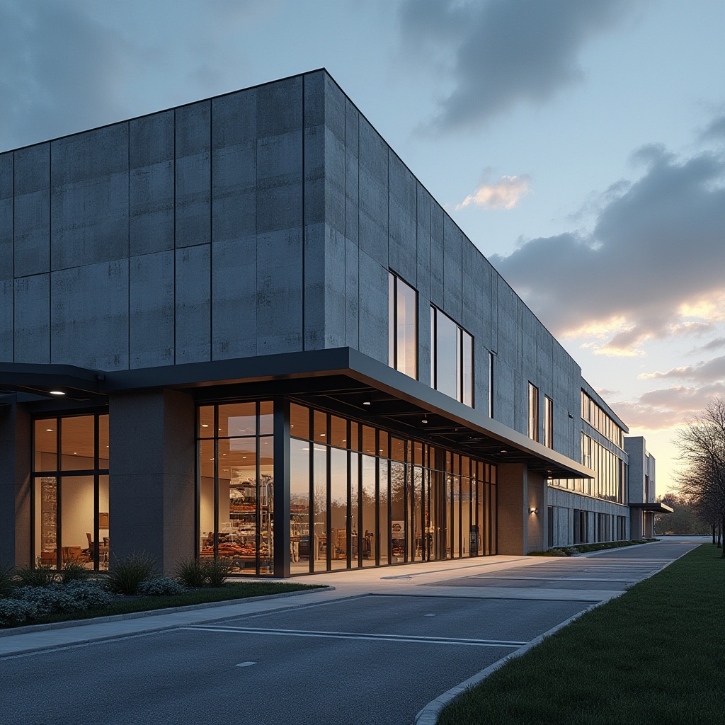 Prompt: Modern distribution center, industrial architecture, masonry materials, concrete blocks, steel beams, glass facades, sleek lines, minimalist design, urban setting, cityscape, evening time, warm lighting, dramatic shadows, 3/4 composition, low-angle shot, foreground focus on masonry details, ambient occlusion, high-contrast ratio, cinematic color grading.