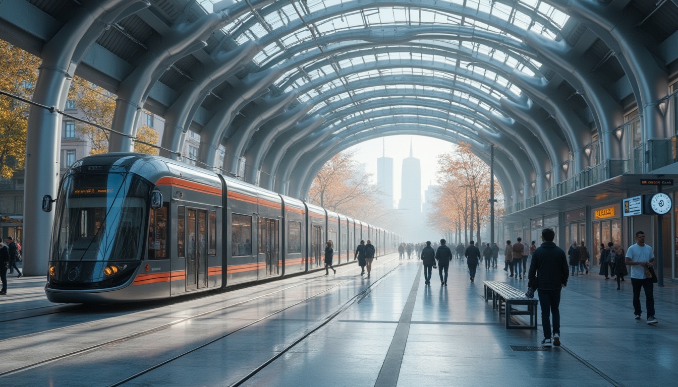 Prompt: Streamlined tram station, modern architecture, elegant curves, silver metal framework, large glass windows, sleek LED lights, futuristic design, urban cityscape, busy streets, pedestrians walking, morning rush hour, soft natural light, misty atmosphere, subtle shadows, 3/4 composition, high-angle shot, dynamic lines, geometric shapes, steel beams, polished marble floors, modern benches, electronic displays, real-time schedules, announcements boards.