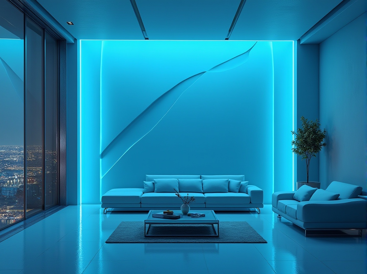 Prompt: Cerulean blue accent wall, modern minimalist interior, sleek lines, geometric shapes, futuristic ambiance, LED light strips, metallic furniture, reflective surfaces, glass coffee table, low-profile sofa, urban cityscape view, floor-to-ceiling windows, 3/4 composition, softbox lighting, cinematic color grading, HDRI, atmospheric depth of field.