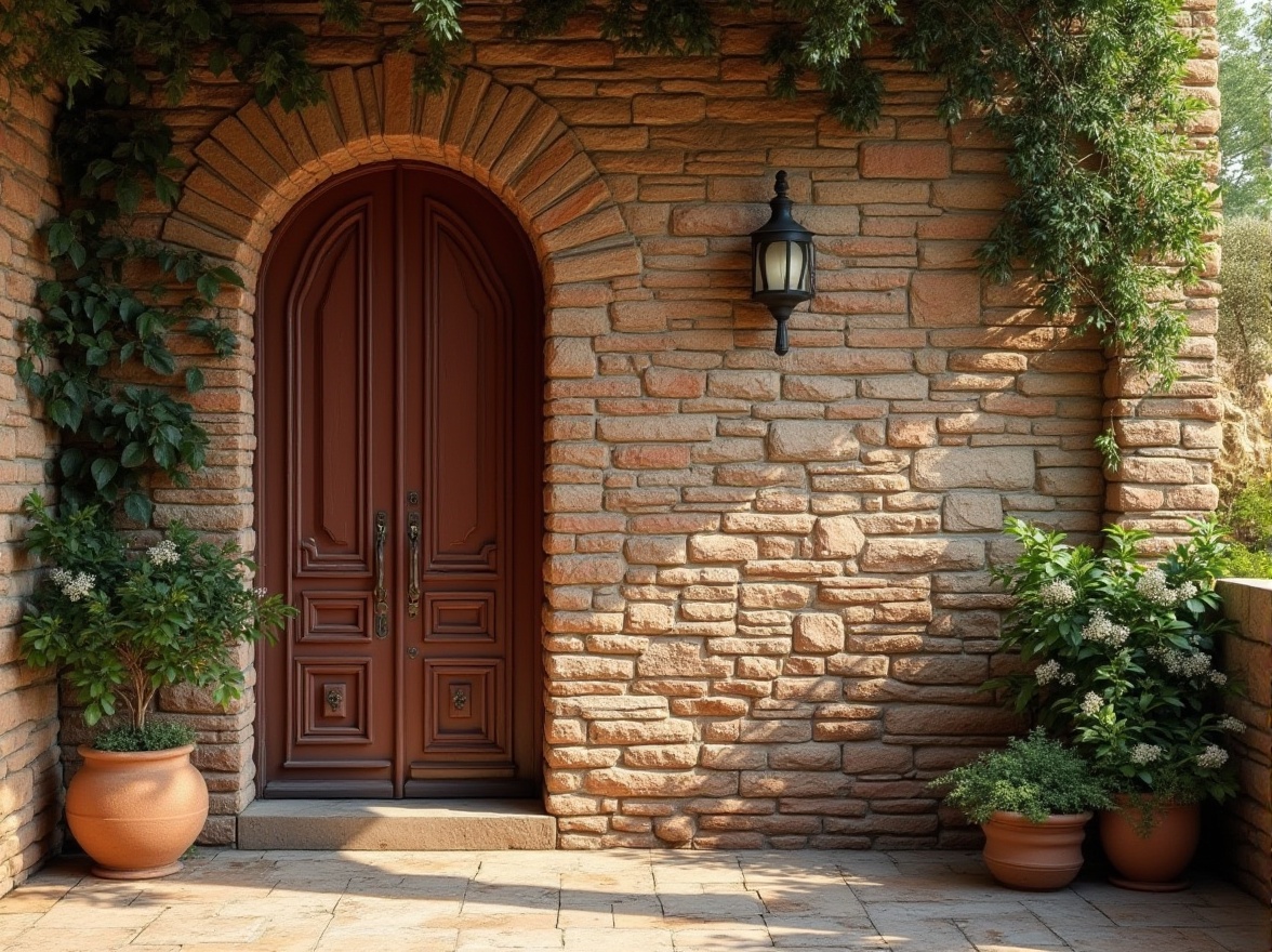 Prompt: Brick wall, masonry materials, stone texture, rough edges, rustic look, earthy tone, natural lighting, dramatic shadows, 3/4 composition, low-angle shot, warm color palette, cozy atmosphere, architectural details, ornate carvings, grand entrance, villa exterior, Mediterranean style, lush greenery, blooming flowers, serene background.