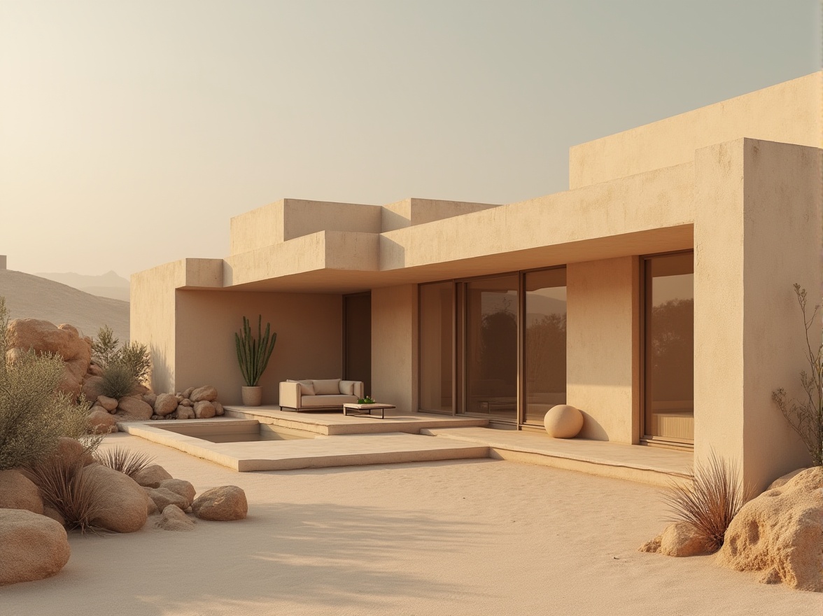 Prompt: Minimalist modern villa, sandy dunes background, warm beige tones, natural textures, sand-casted concrete walls, large windows, minimalist furniture, low-profile sofa, sand-blasted metal legs, matte finish, subtle lighting, ambient shadows, 3/4 composition, soft focus, warm color palette, organic forms, smooth curves, desert plants, cacti, succulents, serene atmosphere, calm ambiance.