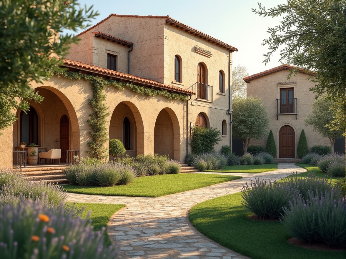 Prompt: Byzantine dorm, residential area, landscaping ideas, Mediterranean style, warm beige stone walls, ornate wooden doors, arched windows, terracotta roof tiles, lush greenery, blooming flowers, olive trees, lavender bushes, meandering stone pathways, decorative fountains, soft outdoor lighting, morning dew, gentle mist, warm sunny day, 3/4 composition, slight blur effect, natural color palette.