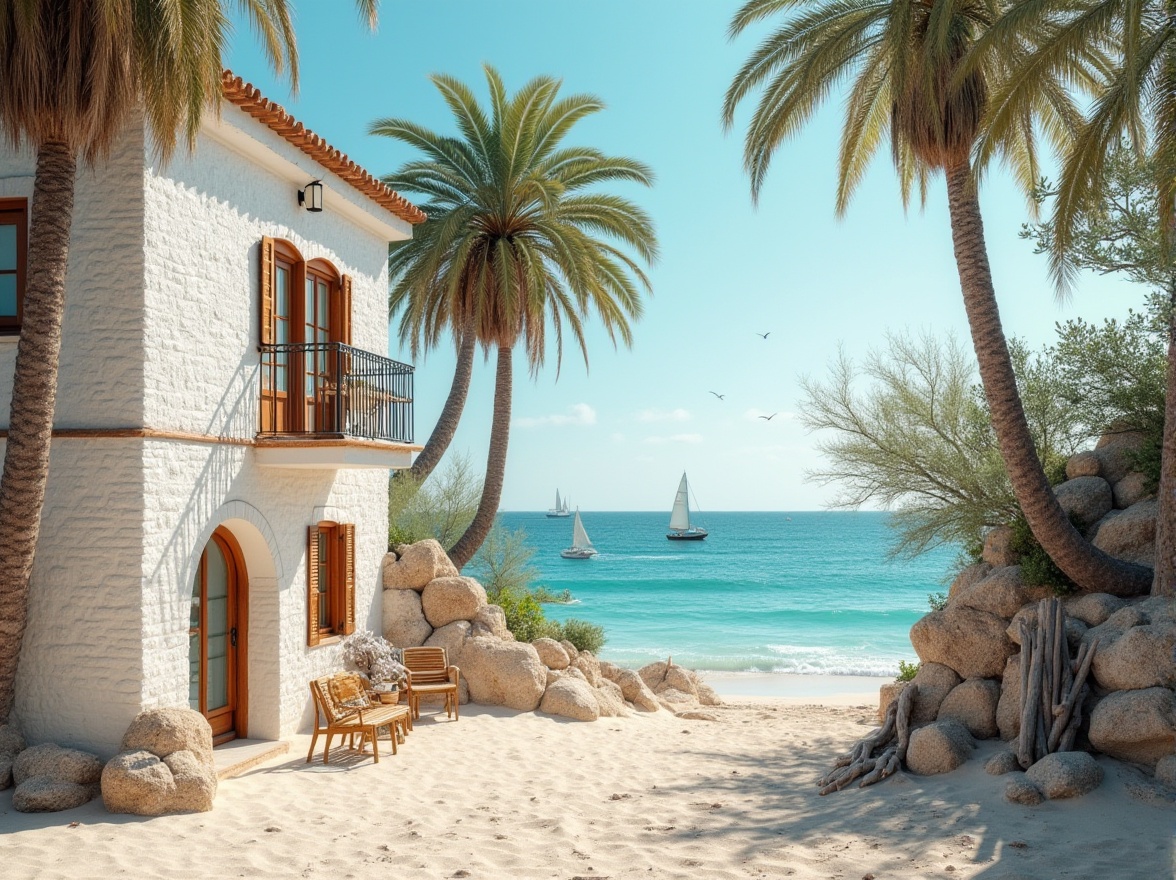 Prompt: Beachside architecture, Mediterranean style villa, white brick walls, rough texture, natural rustic look, ocean view, palm trees, wooden shutters, arched windows, balcony with iron railings, terracotta roof tiles, seashell decorations, driftwood benches, sandy beach, turquoise water, sailboats in the distance, sunny day, warm soft lighting, 3/4 composition, shallow depth of field, cinematic ambiance.