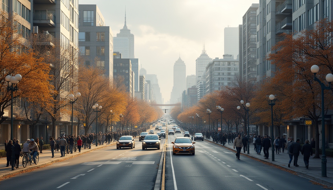 Prompt: Urban scenery, khaki color tone, modern cityscape, skyscrapers, apartments, concrete roads, street lamps, busy streets, crowds of people, bicycles, taxis, buses, urban plants, trees with sparse leaves, autumn atmosphere, cloudy sky, soft natural light, 3/4 composition, panoramic view.