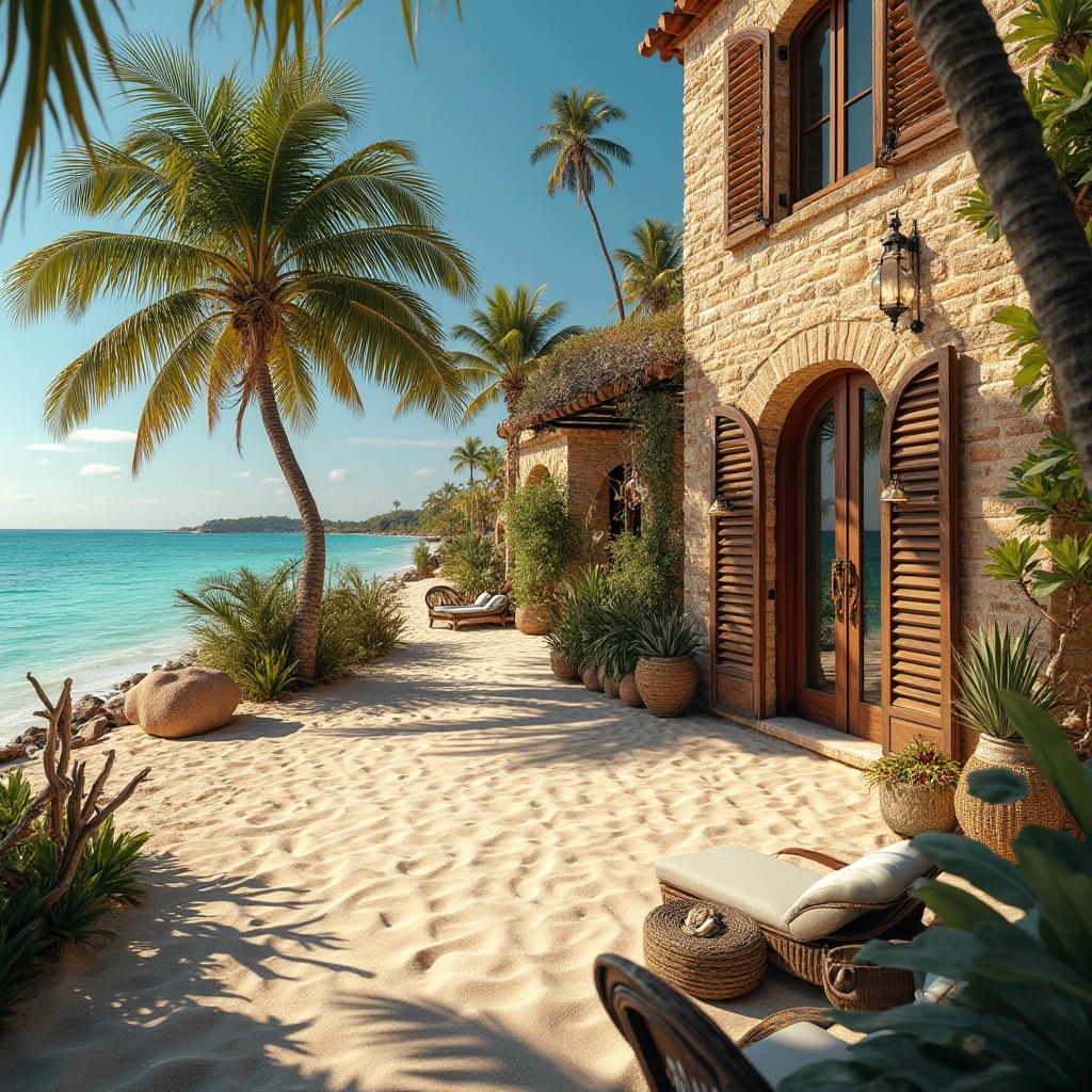 Prompt: Beachside villa, Mediterranean style, warm sandy beach, clear turquoise water, palm trees swaying gently, brick facade, rustic texture, earthy tone, wooden shutters, ornate metal door, lantern-style lighting, outdoor seating area, rattan furniture, coastal plants, driftwood decorations, seashell wind chimes, gentle ocean breeze, warm sunny day, soft focus, atmospheric perspective.