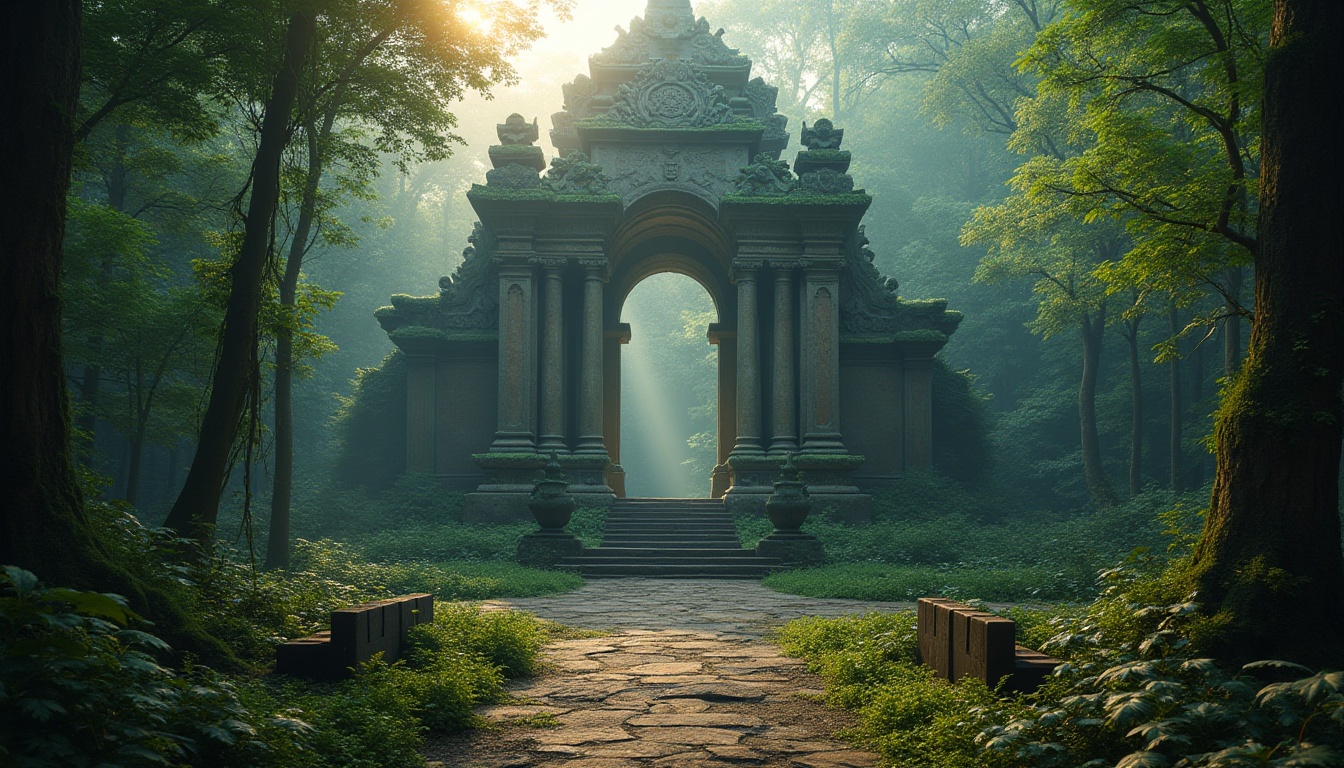 Prompt: Monumental structure, grand entrance, intricate stone carvings, surrounded by dense forest, towering trees, lush greenery, vines crawling up pillars, misty atmosphere, warm sunlight filtering through leaves, ancient ruins, mysterious ambiance, foggy morning, overgrown with moss and ferns, weathered stone benches, winding forest path, leading to the monument, subtle lighting, cinematic composition, atmospheric perspective, natural materials, earthy tones.