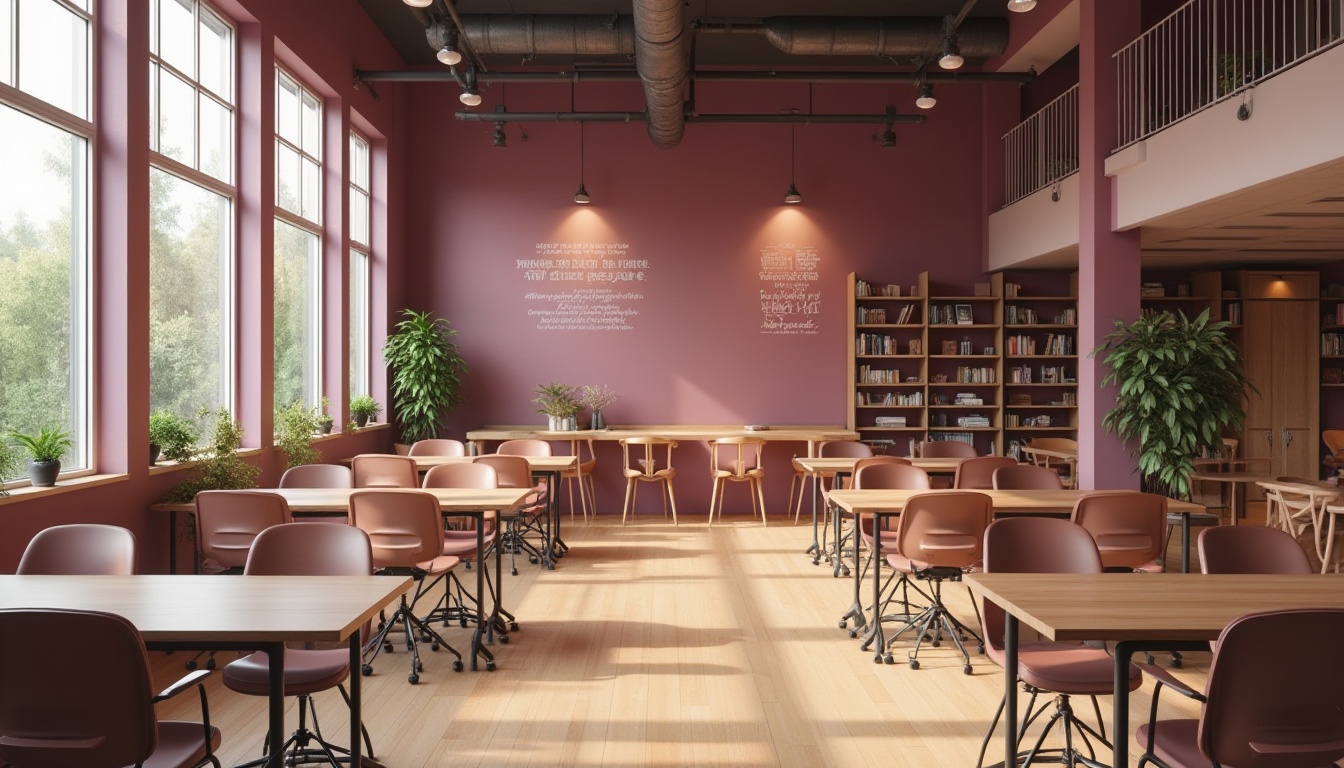 Prompt: Educational spaces, plum color scheme, calming atmosphere, soft indirect lighting, wooden tables, ergonomic chairs, green plants, inspirational quotes on walls, floor-to-ceiling bookshelves, cozy reading nooks, warm-toned wooden floors, large windows with natural light, open layout, collaborative learning areas, comfortable lounging zones, minimal decorations, elegant simplicity, modern educational environment.