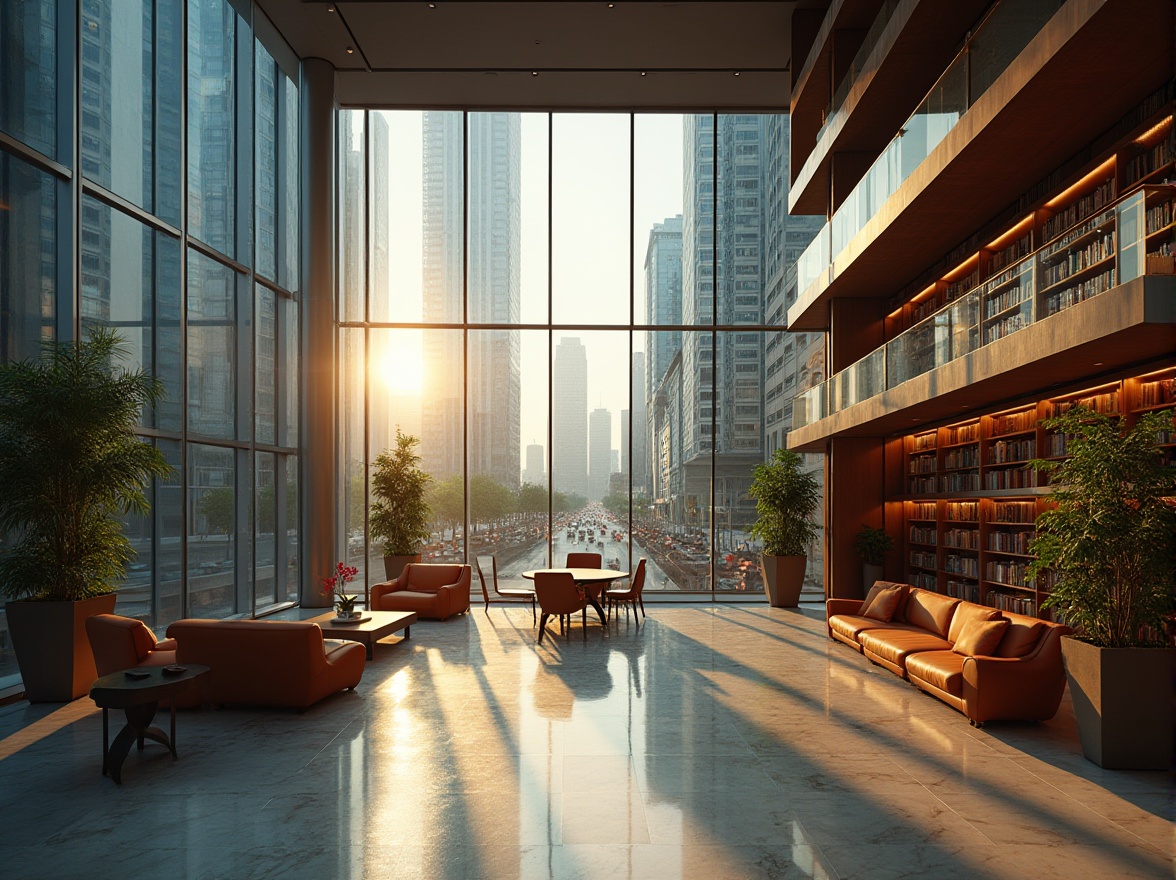 Prompt: Grand library, commercial district, urban skyscraper, modern architecture, glass curtain wall, steel frame structure, geometric pattern, marble flooring, wooden shelves, reading tables, comfortable sofas, warm lighting, afternoon sunbeams, cityscape background, busy street view, metropolitan atmosphere, 3/4 composition, soft focus, shallow depth of field, cinematic mood.