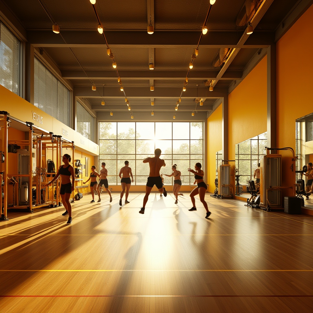 Prompt: Golden color scheme, modern gymnasium interior design, bright ambiance, high ceiling, large windows, natural light pouring in, warm atmosphere, wooden flooring, golden accents on walls and equipment, sleek metal frames, motivational quotes, athletes in action, dynamic poses, jumping, running, weightlifting, basketball court, tennis court, sports equipment, fitness machines, mirrors, metallic texture, reflective surface, high contrast lighting, dramatic shadows, 3/4 composition, low-angle shot, athletic wear, sporty outfits.