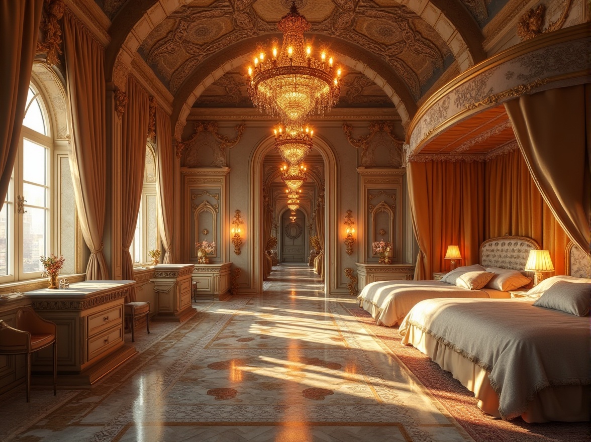 Prompt: Byzantine-inspired modern dormitory, luxurious golden accents, intricate mosaic patterns on walls and floor, ornate arches, grand chandeliers, lavish furnishings, velvet drapes, richly textured carpets, regal canopy beds, ornamental columns, elegant marble countertops, soft warm lighting, 3/4 composition, cinematic mood, symmetrical balance, depth of field, HDR, warm color palette.