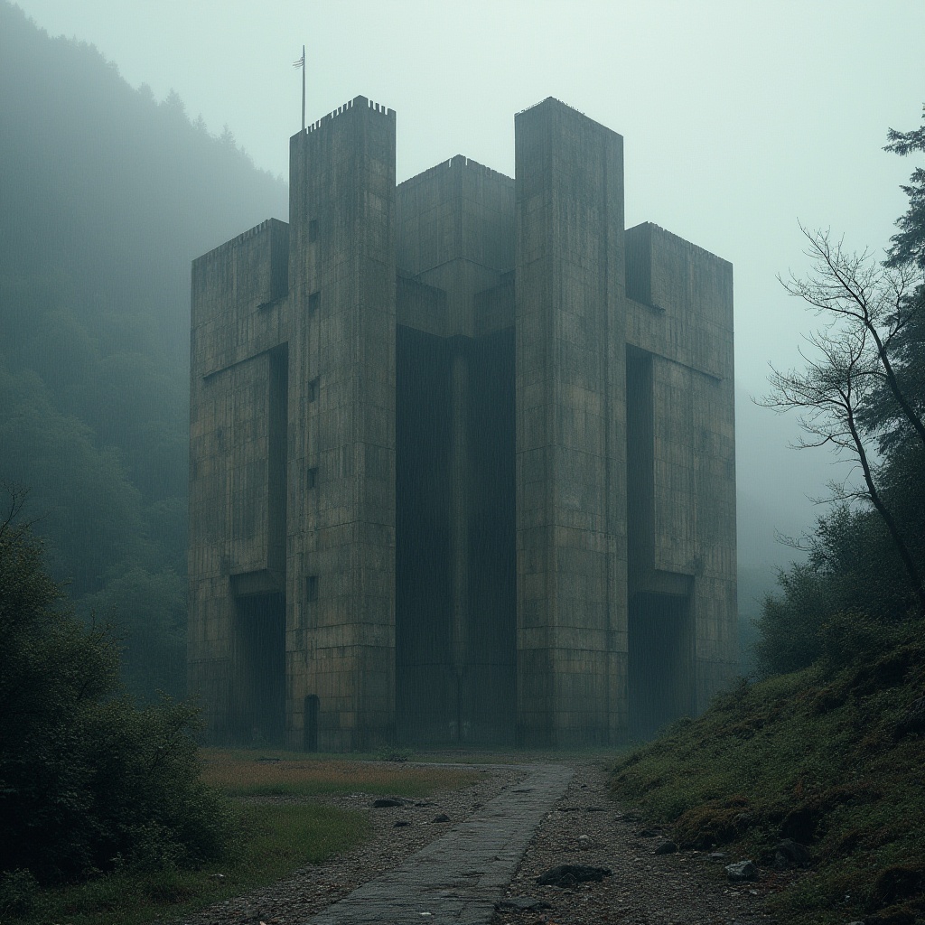 Prompt: Brutalist architecture, granite material, rough texture, grey-brown color, monumental building, concrete structure, fortress-like façade, irregular shape, bold geometric form, dramatic lighting, low-angle shot, urban cityscape, rainy day, misty atmosphere, industrial landscape, abandoned factory, ruined complex, rugged terrain, dense forest surroundings.