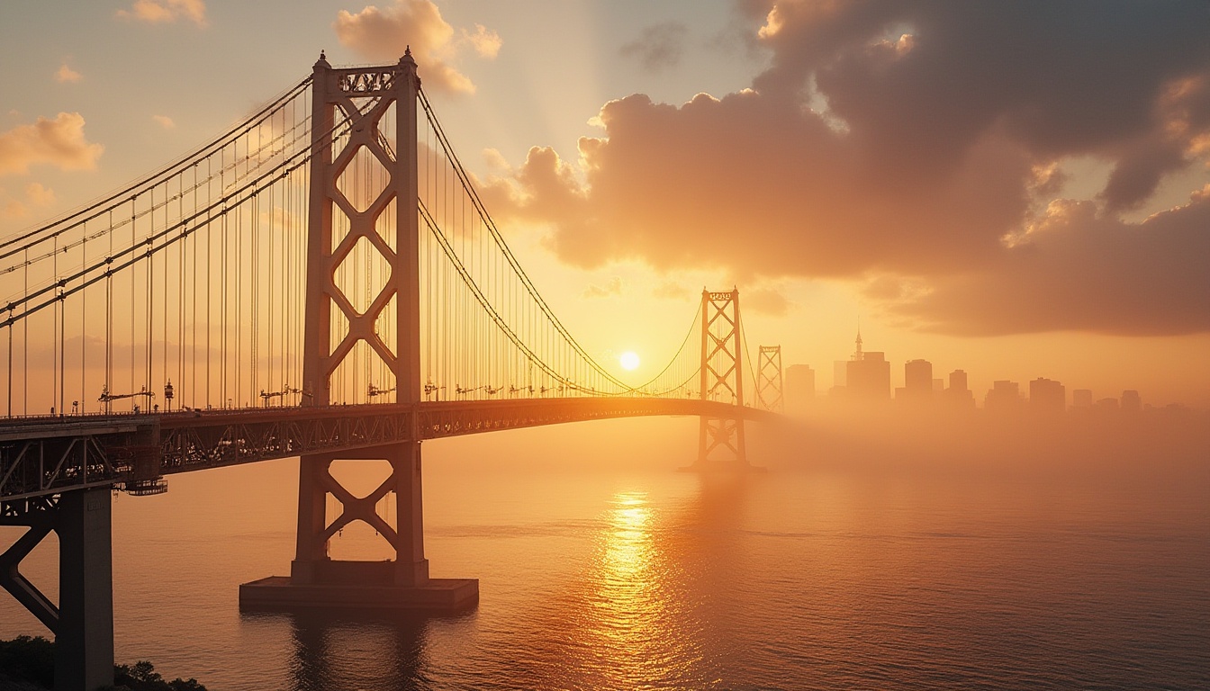 Prompt: Golden bridge, modern architecture, suspension bridge, evening time, warm golden light, sunset reflection on water, gentle mist rising from river surface, subtle fog surrounding bridge pillars, intricate cable details, sleek metallic texture, grandeur structure, majestic atmosphere, symmetrical composition, low-angle shot, dramatic shadows, vibrant golden color scheme, luxurious ambiance, urban landscape, city skyline in background, beautiful detailed water ripples, soft focus on distant buildings.