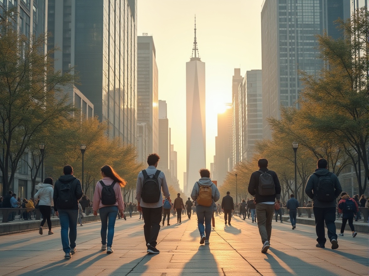 Prompt: Urban scenery, khaki color tone, modern cityscape, sleek skyscrapers, busy streets, concrete pavement, street lamps, city trees, pedestrians in casual wear, backpacks, sneakers, sunglasses, relaxed posture, 3/4 composition, natural lighting, warm atmosphere, shallow depth of field, cinematic angle.