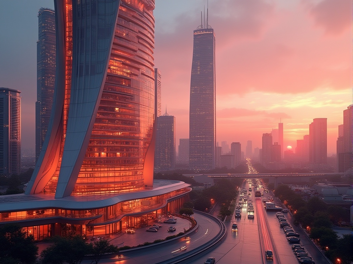 Prompt: Coral color, futuristic skyscraper, urban landscape, cityscape, sleek lines, curved architecture, glass facade, metallic accents, vibrant coral hue, ombre effect, gradated color transition, modern minimalist interior, luxurious lobby, high-rise building, bustling streets, metropolitan atmosphere, dramatic evening lighting, warm sunset glow, soft focus, cinematic composition, 3/4 view, low-angle shot.