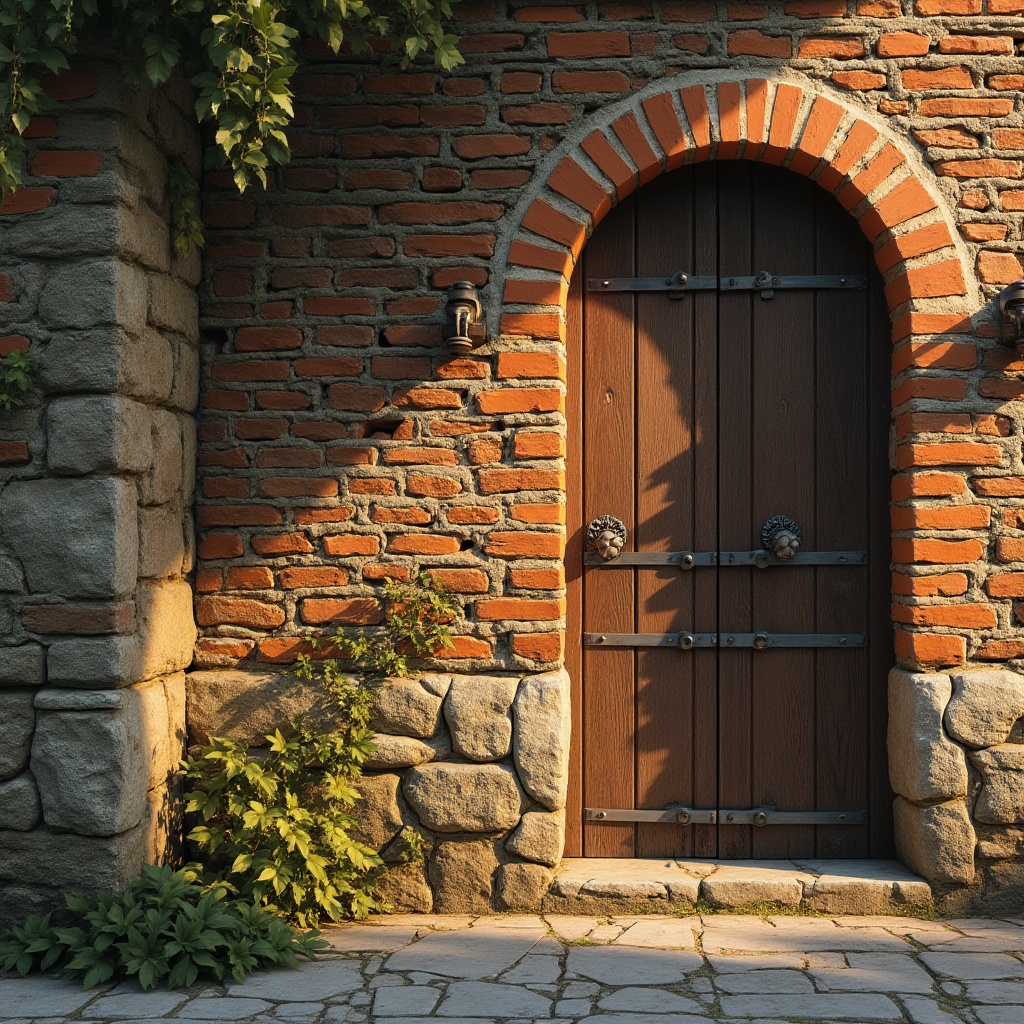 Prompt: Masonry wall, rustic brick texture, worn-out edges, earthy tone, natural stone foundation, ivy crawling up, cracked mortar, weathered wooden door, ornate iron door handle, medieval-inspired architecture, ancient European village setting, afternoon sunlight casting long shadows, warm ambient lighting, soft focus, atmospheric perspective.