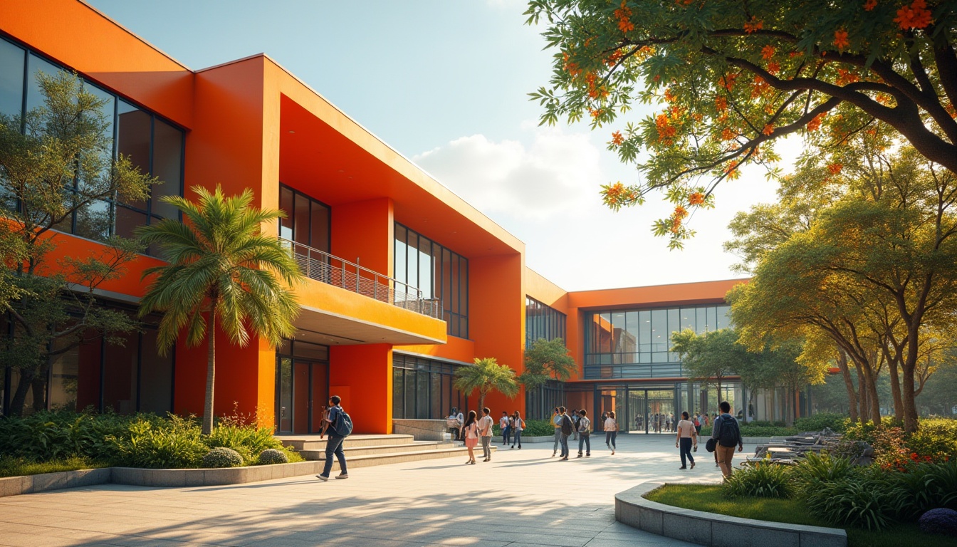 Prompt: Persimmon orange colored school building, modern architecture, sleek lines, minimalist design, vibrant persimmon accents, glass windows, steel frames, lush greenery surrounding, tropical trees with bright flowers, students walking in courtyard, backpacks and laptops, warm afternoon sunlight, soft shadows, 3/4 composition, panoramic view, dynamic angle, shallow depth of field, natural lighting, cinematic mood.