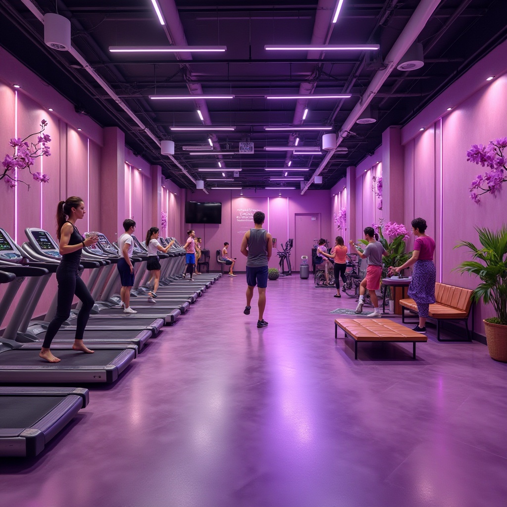 Prompt: Modern fitness club interior, Orchid color scheme, vibrant purple walls, sleek metallic equipment, rubber flooring, energetic atmosphere, youthful adults, diverse ages, dynamic poses, exercising, stretching, weightlifting, running on treadmills, panoramic view, 3/4 composition, softbox lighting, subtle shadows, futuristic ambiance, luxurious materials, leather benches, wooden accents, orchid-inspired decorations, floral patterns, bold typography, motivational quotes, mirrors, minimalist tables, trendy lamps, calming background music.