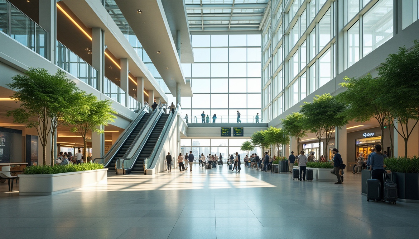 Prompt: Airport valley space, modern architecture, glass ceiling, natural light, greenery walls, minimalist benches, sleek escalators, stainless steel handrails, busy travelers, luggage carts, airport staff, digital flight boards, announcements, 3/4 composition, wide-angle shot, softbox lighting, warm atmosphere.