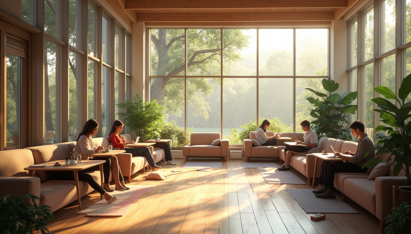 Prompt: Valley-inspired student hall environment, modern architecture, large windows, abundant natural light, wooden accents, cozy reading nooks, plush couches, warm lighting, soft pastel colors, vibrant greenery, potted plants, minimalist decorations, calm atmosphere, students studying, laptops open, notes scattered, coffee cups nearby, afternoon sunbeams, gentle breeze, subtle animations, 3/4 composition, soft focus, cinematic mood, relaxing ambiance.