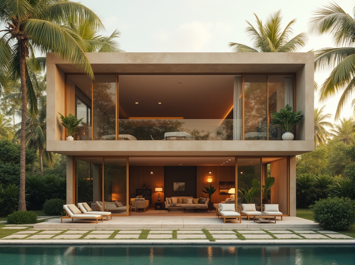 Prompt: Villa, modernism, khaki color, luxurious exterior, clean lines, minimal ornamentation, large windows, sliding glass doors, open concept living room, spacious interior, high ceiling, marble flooring, sleek furniture, greenery surroundings, tropical plants, natural lighting, warm atmosphere, afternoon sun, 3/4 composition, soft focus, cinematic mood.