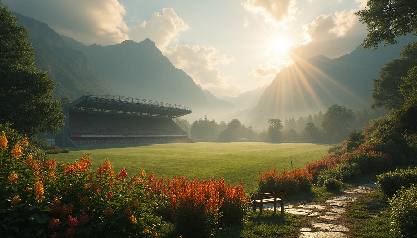 Prompt: Mountainous valley, serene landscape, majestic stadium architecture, lush greenery surroundings, vibrant flowers blooming, gentle mist rising from the ground, warm afternoon sunlight casting long shadows, dramatic clouds gathering in the distance, vast open space, sprawling grass fields, winding stone pathways, wooden benches scattered throughout, tranquil atmosphere, realistic textures, cinematic composition, high-angle shot, golden hour lighting.