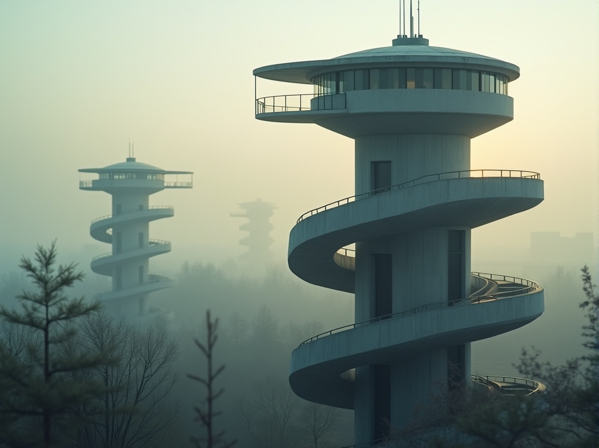 Prompt: Watching towers, Bauhaus style, modernist architecture, sleek lines, geometric shapes, minimalist details, functional simplicity, industrial materials, concrete walls, steel beams, glass windows, circular staircases, futuristic ambiance, urban landscape, cityscape, foggy atmosphere, misty morning, soft warm lighting, cinematic composition, 3/4 view, low-angle shot.