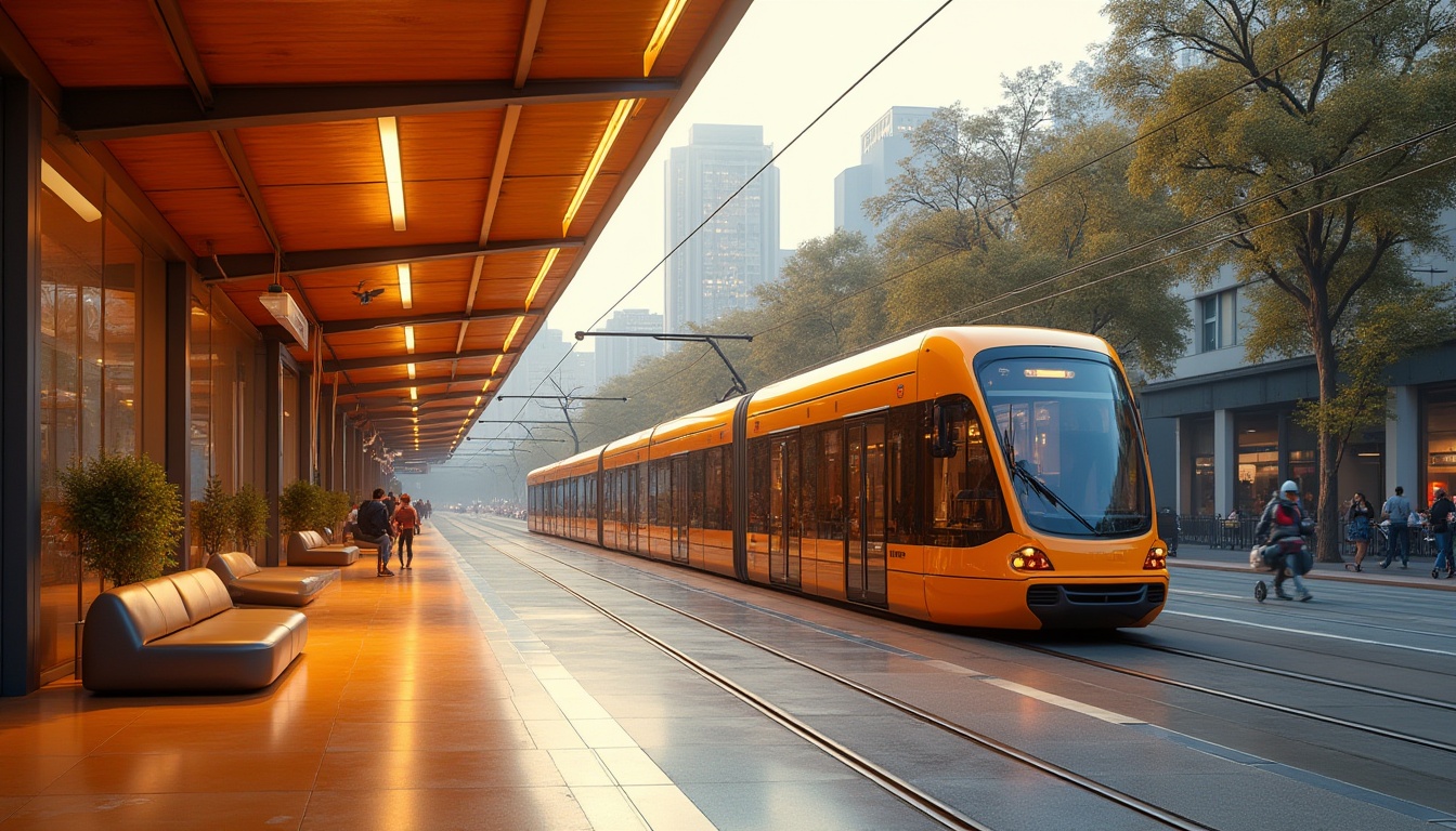 Prompt: Modern tram station, Ochre color scheme, vibrant warm tones, futuristic architecture, sleek lines, minimalist design, large glass windows, steel beams, LED light strips, comfortable seating area, urban landscape, cityscape, busy streets, pedestrians walking by, modern tram waiting at the platform, dynamic composition, 3/4 view, low-angle shot, dramatic lighting, high contrast.