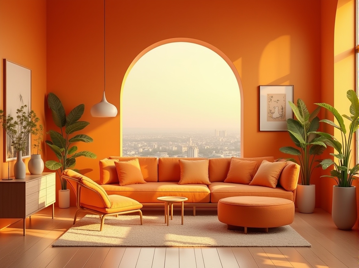 Prompt: Vibrant design, tangerine color scheme, bright and playful atmosphere, modern minimalist background, sleek lines, geometric shapes, trendy furniture, warm lighting, cozy ambiance, Scandinavian style, wooden accents, natural textures, abstract art pieces, decorative vases, lush green plants, stylish decor, lively mood, urban loft, panoramic city view, morning sunlight, soft focus, shallow depth of field, cinematic composition.