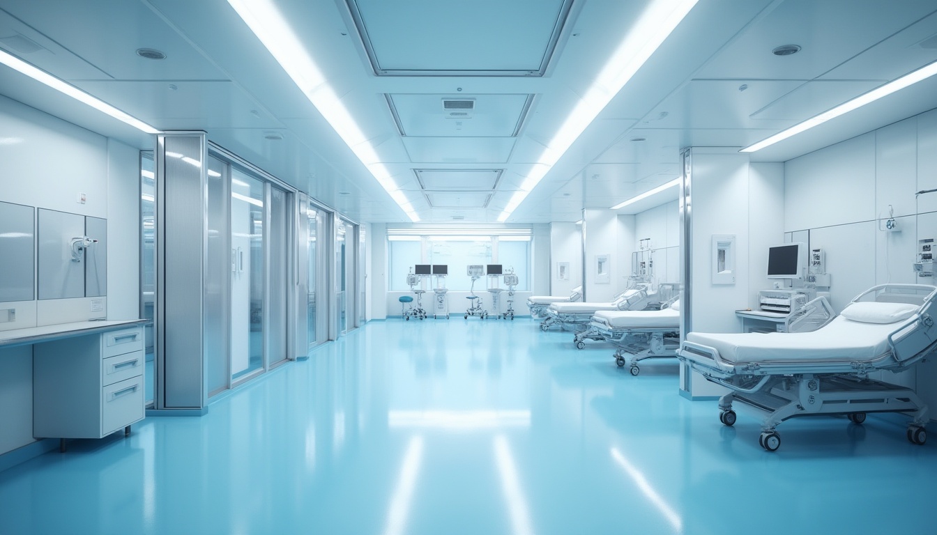 Prompt: Modern hospital interior, futuristic design, plastic materials, sleek lines, glossy finish, white and blue color scheme, LED lighting, minimalist decor, empty corridors, stainless steel handrails, glass partitions, automatic sliding doors, nurse stations with computers, hospital rooms with single beds, medical equipment, IV stands, heart rate monitors, sterile atmosphere, soft ambient light, 3/4 composition, shallow depth of field.