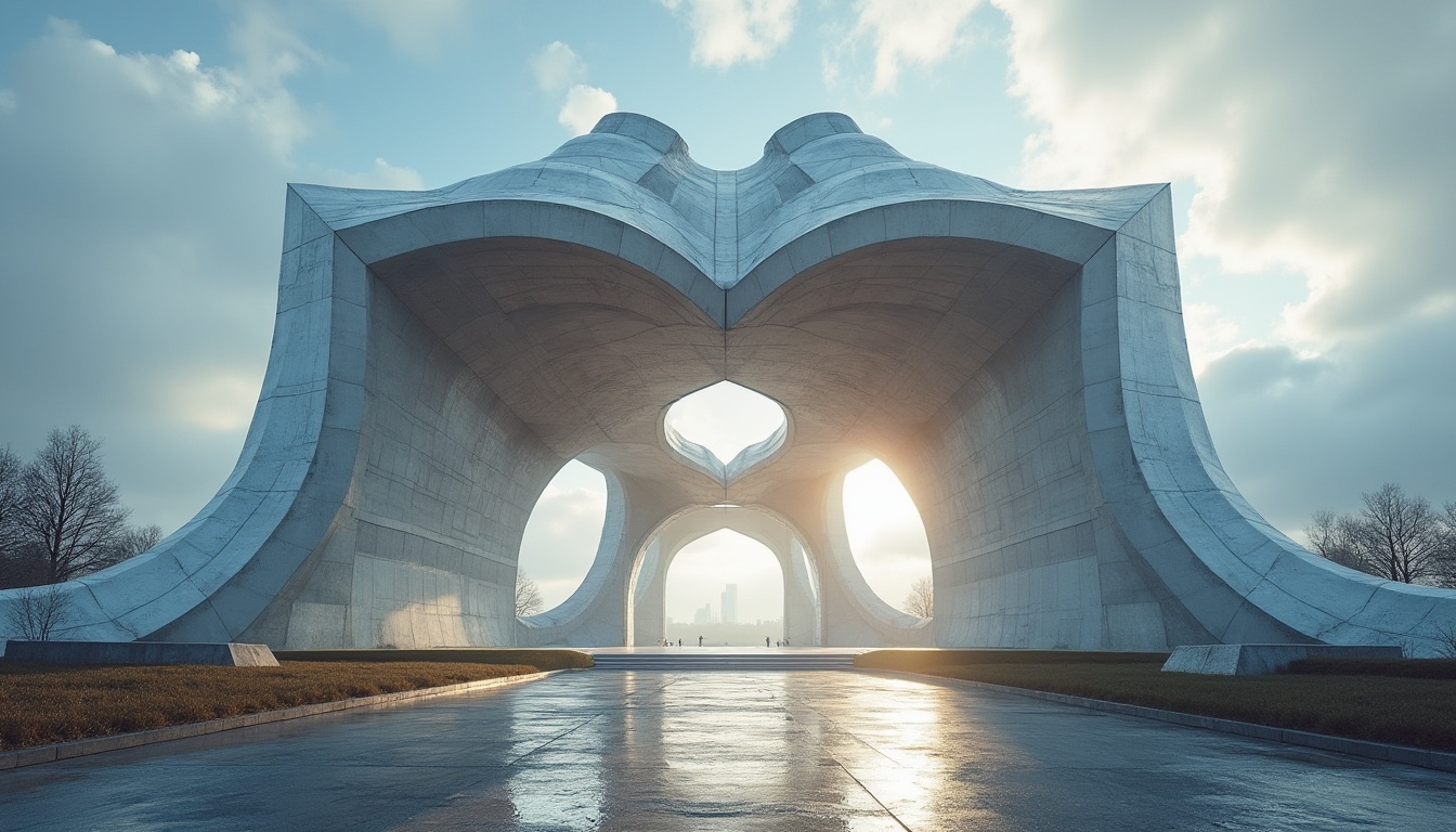 Prompt: Monument design, modernism style, abstract geometric shapes, bold lines, minimal ornamentation, sleek metallic materials, polished concrete texture, futuristic ambiance, urban cityscape, cloudy sky, dramatic backlight, low-angle composition, monumental scale, symmetrical arrangement, brutalist architecture influence, vibrant color accents.