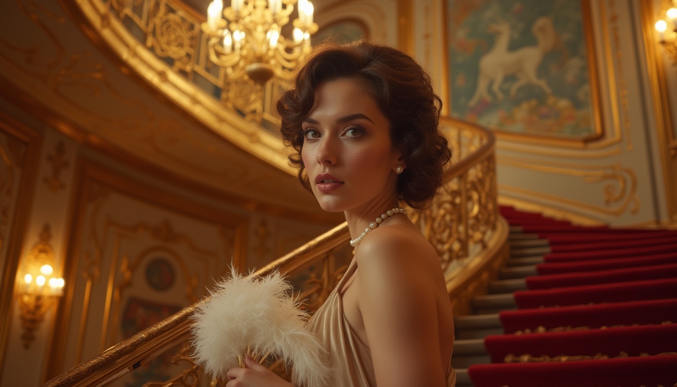 Prompt: Elegant lady, Art Nouveau style, luxurious interior, grand staircase, ornate chandelier, red carpet, golden frame, intricate patterns, flowing curves, cinematic lighting, soft focus, shallow depth of field, warm color tone, 1920s inspiration, sophisticated atmosphere, refined makeup, curly brown hair, pearl necklace, satin evening gown, holding a feather fan, posing on stairs, dramatic composition, low-angle shot.