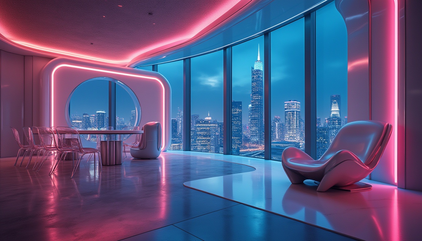 Prompt: Modern design, futuristic interior, sleek lines, minimalist furniture, plastic materials, transparent chairs, glossy tables, neon lights, cityscape view, skyscraper, night scene, LED lighting, urban feel, metallic accents, abstract shapes, vibrant colors, 3/4 composition, low-angle shot, soft focus.