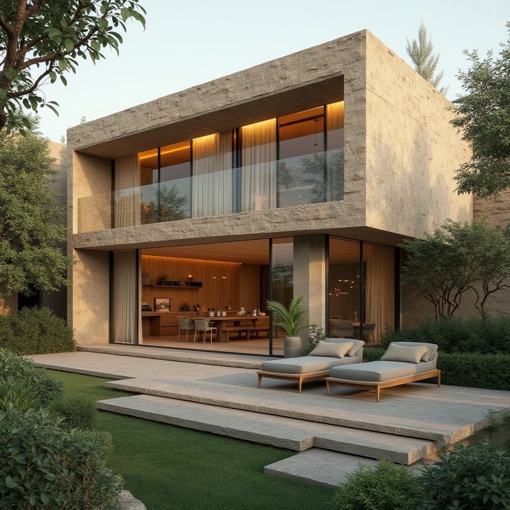 Prompt: villa, modernism, khaki color, exterior wall, rough stone texture, large windows, sliding glass doors, minimalist decorations, lush greenery surroundings, natural light, warm atmosphere, 3/4 composition, shallow depth of field, softbox lighting, afternoon sun, realistic rendering.