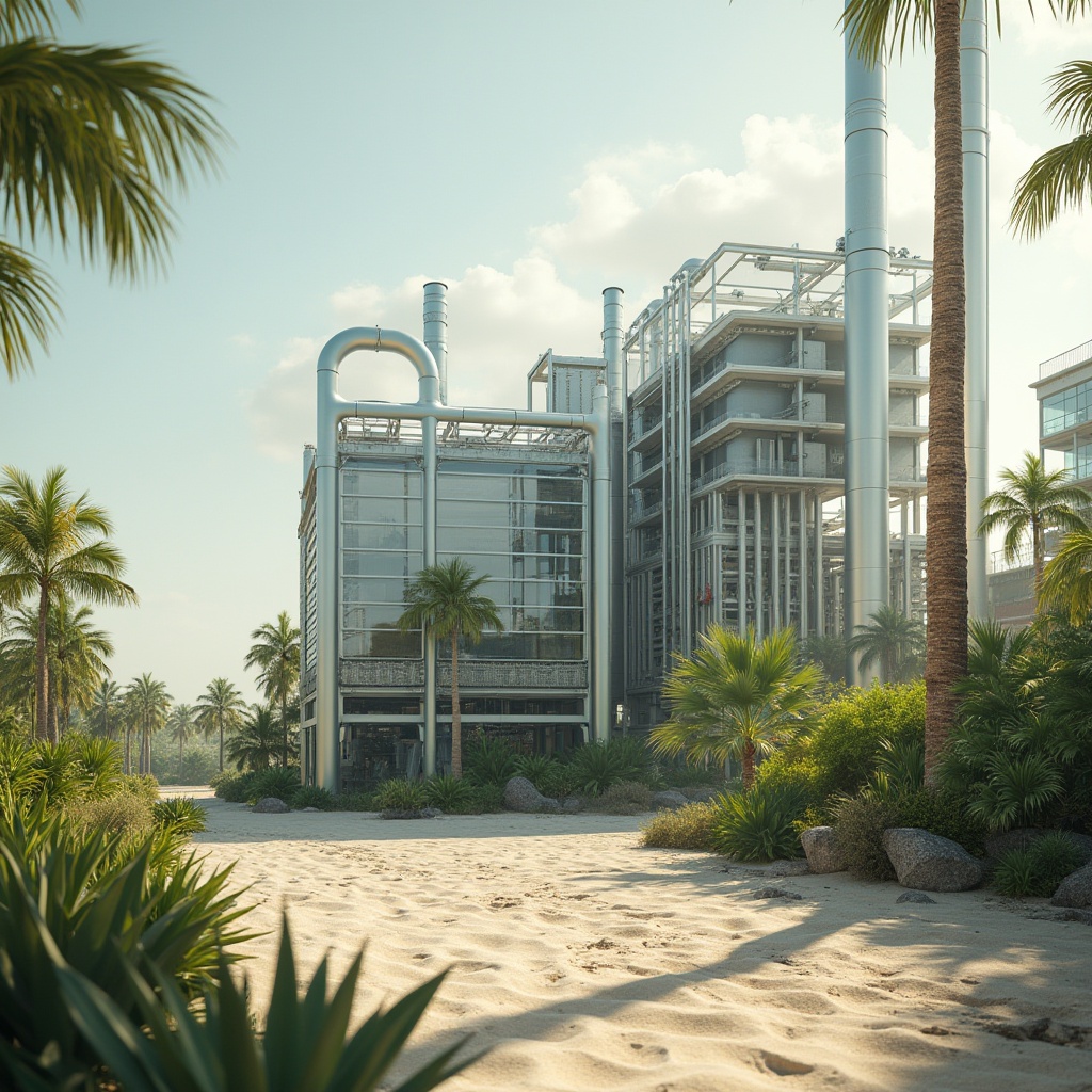 Prompt: Savannah-inspired, minimalistic, energy plant, industrial facility, sleek metal structures, silver pipes, transparent glass panels, futuristic turbines, spinning blades, steam vents, greenery surroundings, tropical plants, palm trees, succulents, sandy terrain, sunny day, warm lighting, low-angle shot, cinematic composition, 3/4 view, shallow depth of field.