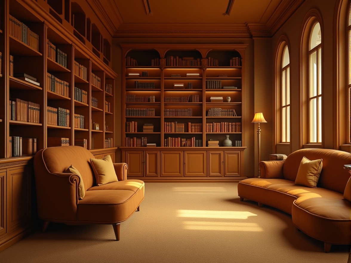 Prompt: Golden color, library interior, warm atmosphere, comfortable seating, wooden shelves, leather-bound books, soft lighting, cozy reading nook, floor lamps, warm beige carpet, minimalist modern furniture, calm ambiance, natural materials, earthy tone, peaceful environment, knowledge hub, classic literary feel, warm golden illumination, soft focus, shallow depth of field, 3/4 composition, symmetrical framing.