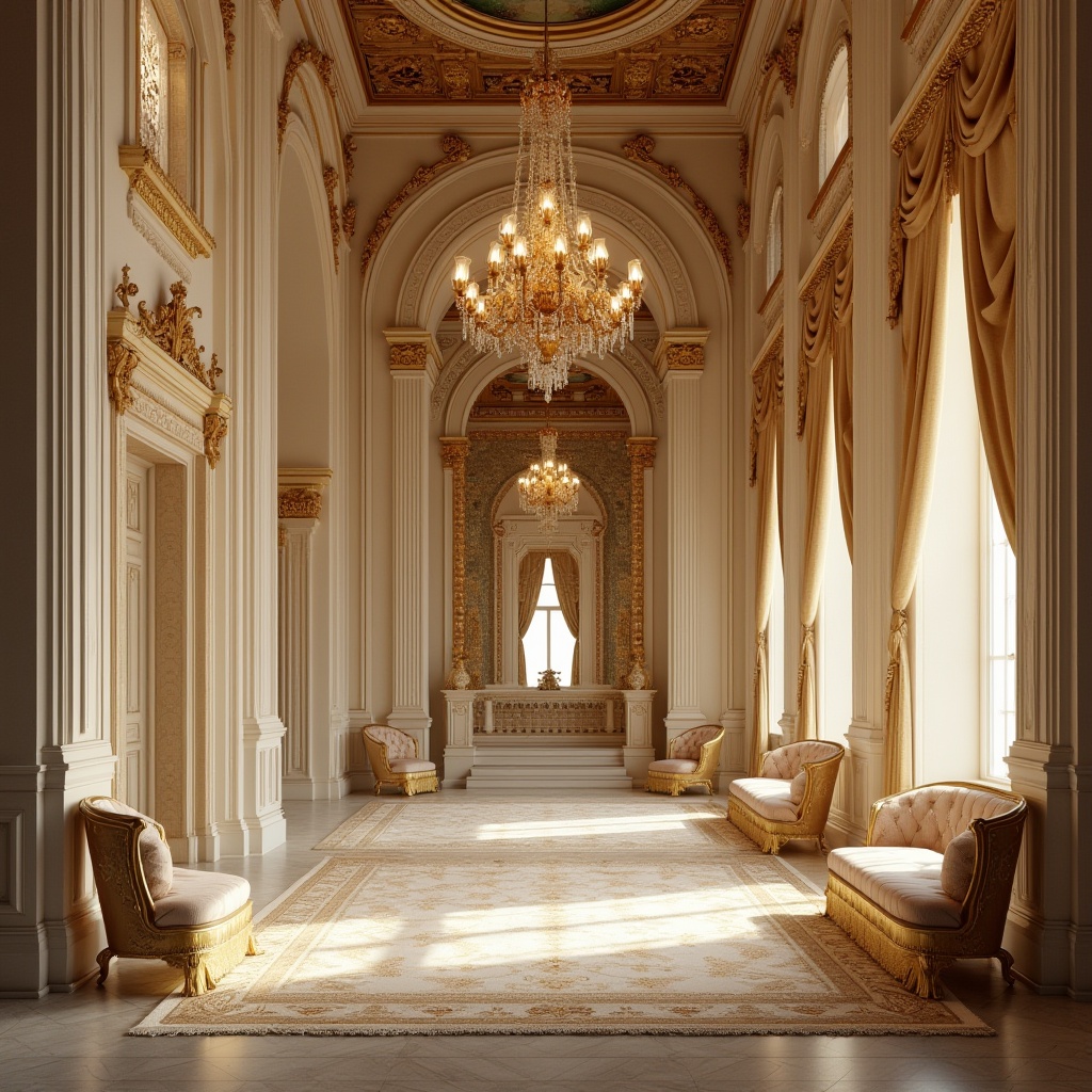 Prompt: Byzantine style interior, cream color walls, golden ornate frame, intricate mosaic patterns, luxurious velvet fabrics, ornate chandeliers, grandiose high ceilings, regal ambiance, soft warm lighting, subtle shading, realistic textures, highly detailed furniture, antique wooden decorations, lavish drapes, opulent atmosphere, 3/4 composition, symmetrical framing, shallow depth of field.