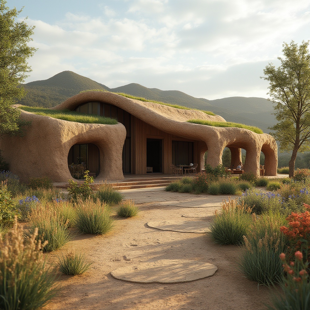 Prompt: Mud material, natural earth tone, rough texture, eco-friendly, sustainable construction, modern villa, rustic exterior, green roof, curved lines, natural landscape, hills, trees, flowers blooming, sunny day, warm ambient light, shallow depth of field, panoramic view, 3/4 composition.