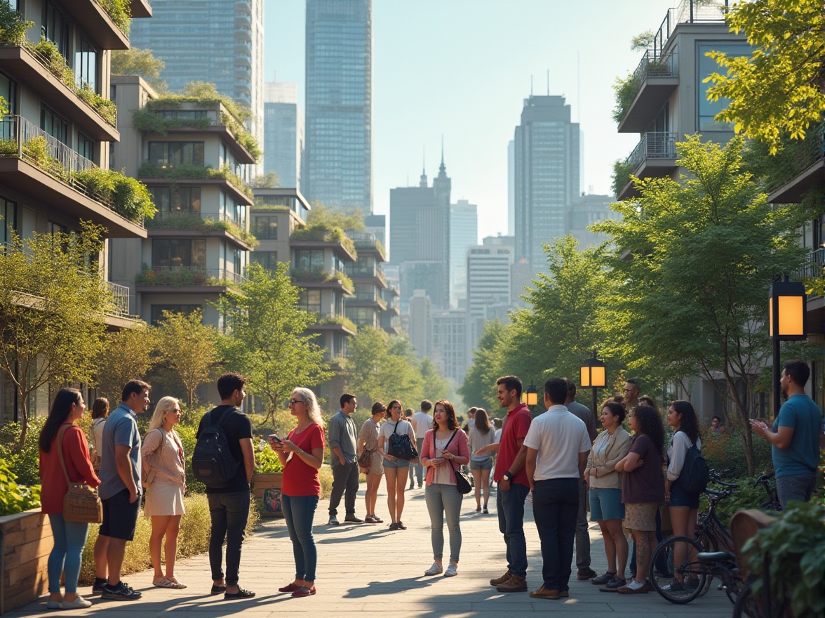 Prompt: Urban cityscape, modern skyscrapers, green roofs, community garden, diverse people, mixed ages, group discussion, vibrant colors, street art, graffiti, lanterns, pedestrian zone, bicycles, public transportation, sunny day, soft natural light, warm atmosphere, 3/4 composition, depth of field, realistic, cinematic, HDR, people interacting, laughing, smiling, gesturing, city life, urban planning, architecture, green space, sustainable living.