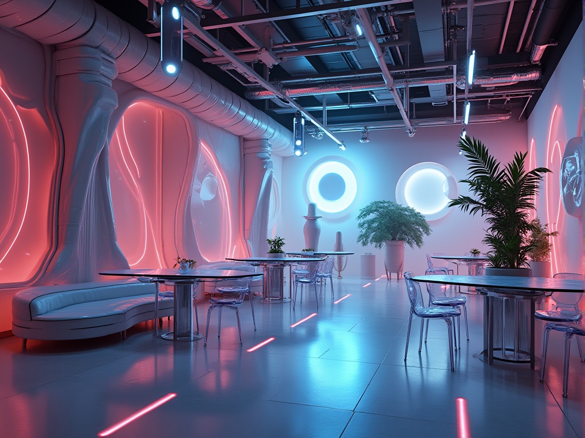 Prompt: Modern interior design, plastic materials, futuristic ambiance, sleek lines, minimalist decor, LED lights, urban loft, industrial chic, metallic accents, abstract art, geometric shapes, transparent chairs, glass tables, avant-garde sculptures, neon colors, reflections, high-key lighting, shallow depth of field, 3/4 composition.