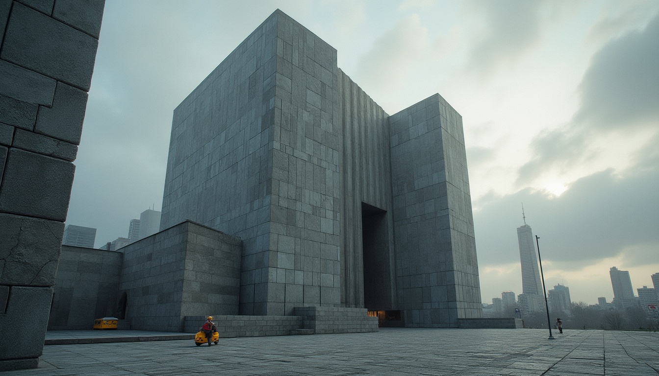 Prompt: Brutalist architecture, granite material, rugged texture, monolithic structure, monumental building, geometric shape, raw concrete, fortress-like design, dramatic lighting, low-angle shot, atmospheric perspective, cloudy sky, urban landscape, cityscape, busy street, modern skyscraper, abstract composition, high contrast, gritty mood, cinematic feel.