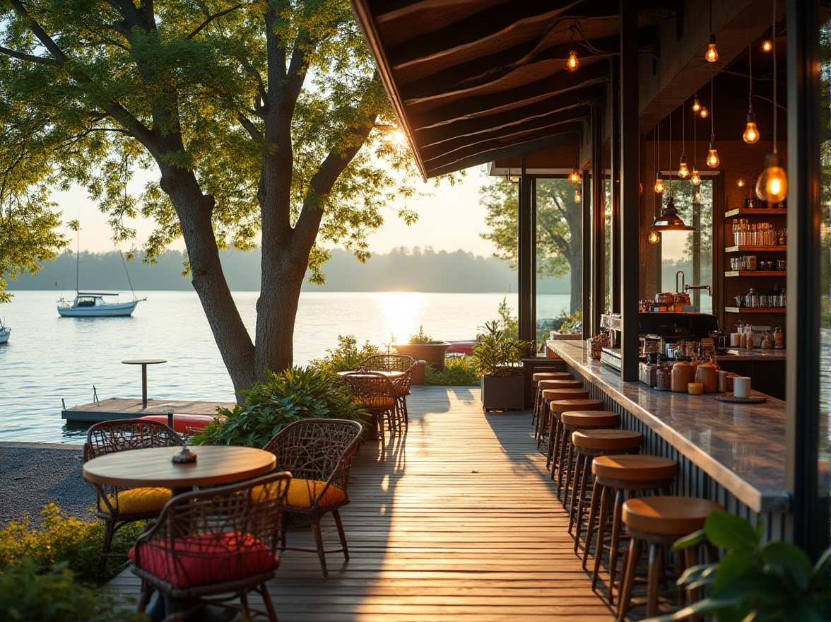 Prompt: Lakefront coffee shop, morning scene, wooden dock, tranquil atmosphere, surrounded by lush greenery, tall trees, reflection of trees in calm lake water, few sailboats and kayaks parked nearby, warm sunlight casting long shadows, cozy outdoor seating area with rattan furniture, colorful throw pillows, wooden tables, glass windows, minimalist interior design, industrial-chic lighting fixtures, marble countertops, espresso machine, coffee beans display, aromas wafting from the kitchen, soft jazz music playing in the background, panoramic view of the lake, 3/4 composition, warm and inviting ambient light.