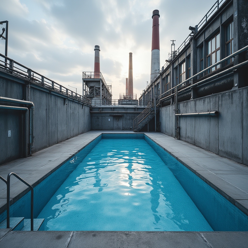 Prompt: Industrial area, rectangular swimming pool, 25m length, 10m width, steel grey concrete walls, blue mosaic tiles, calm water surface, few ripples, surrounding industrial buildings, metal pipes, factory chimneys, urban landscape, cloudy sky, afternoon sunlight, warm ambient lighting, shallow depth, ladder at corner, metal handrail, outdoor shower area, concrete floor, drainage system, 3/4 composition, panoramic view.