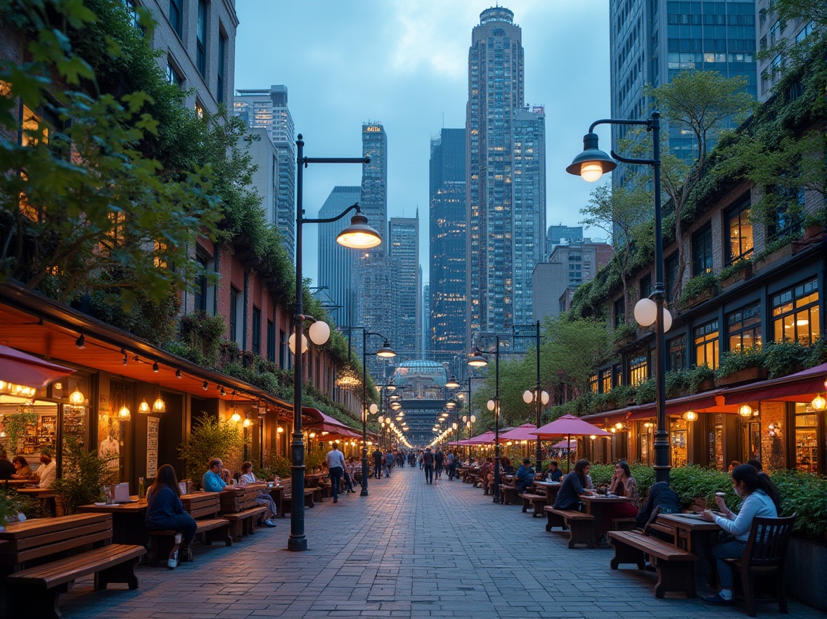 Prompt: Urban cityscape, modern skyscrapers, green rooftops, vibrant street art, trendy cafes, bustling sidewalks, eclectic mix of people, laptops and coffee, wooden benches, pedestrian bridge, city lights at dusk, soft warm glow, shallow depth of field, cinematic composition, 3/4 view, dramatic clouds, blue hour ambiance.