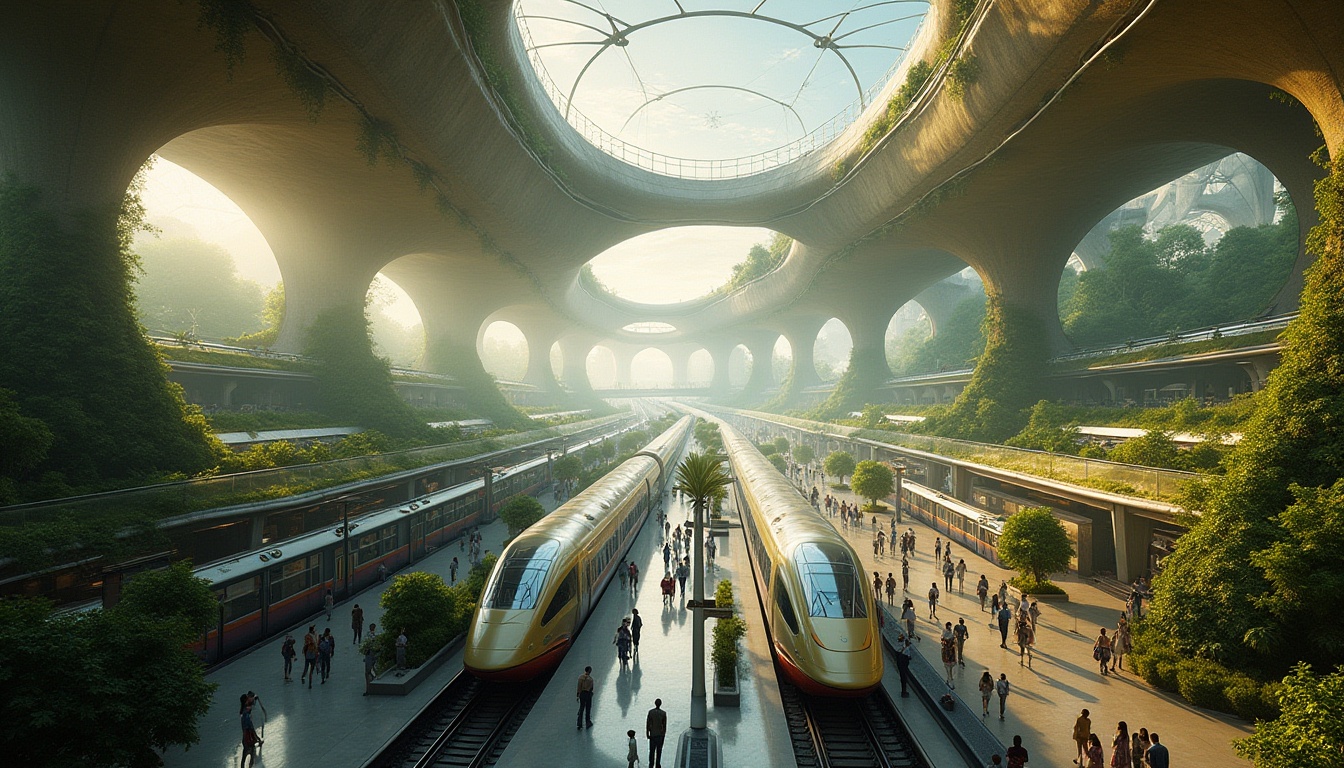 Prompt: Futuristic transportation hub, organic architecture, curves blending with nature, green roofs, lush vegetation, vines crawling up pillars, natural light pouring in through skylights, sleek modern trains, bustling activity, people walking in all directions, warm ambient lighting, 3/4 composition, soft focus on background, sharp focus on foreground, cinematic mood, vibrant colors, dynamic movement, busy atmosphere, morning or afternoon sunlight.